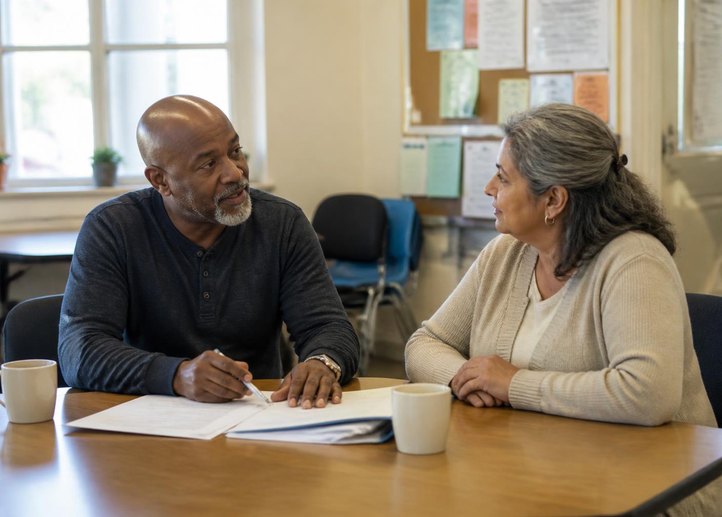 Two people talking together at a table in a community room