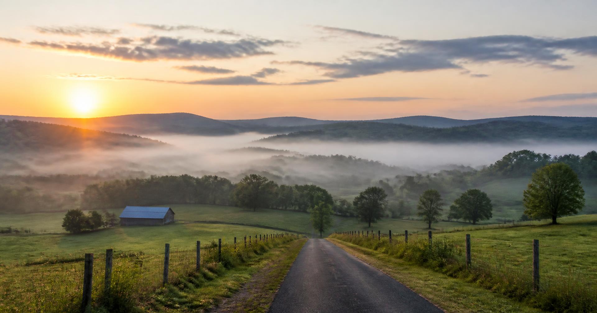 Sunrise over the rolling hills and farmland of Middle Tennessee